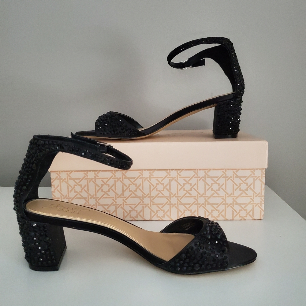 Badgley Mischka Black Beaded Block Heel Sandals